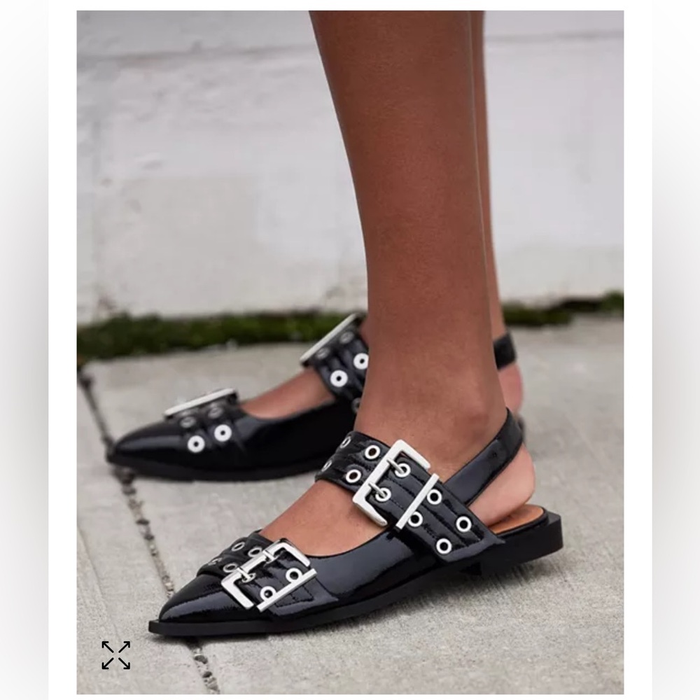 Steve Madden Black Patent Pointed Toe Slingback Loafers with Silver Buckles
